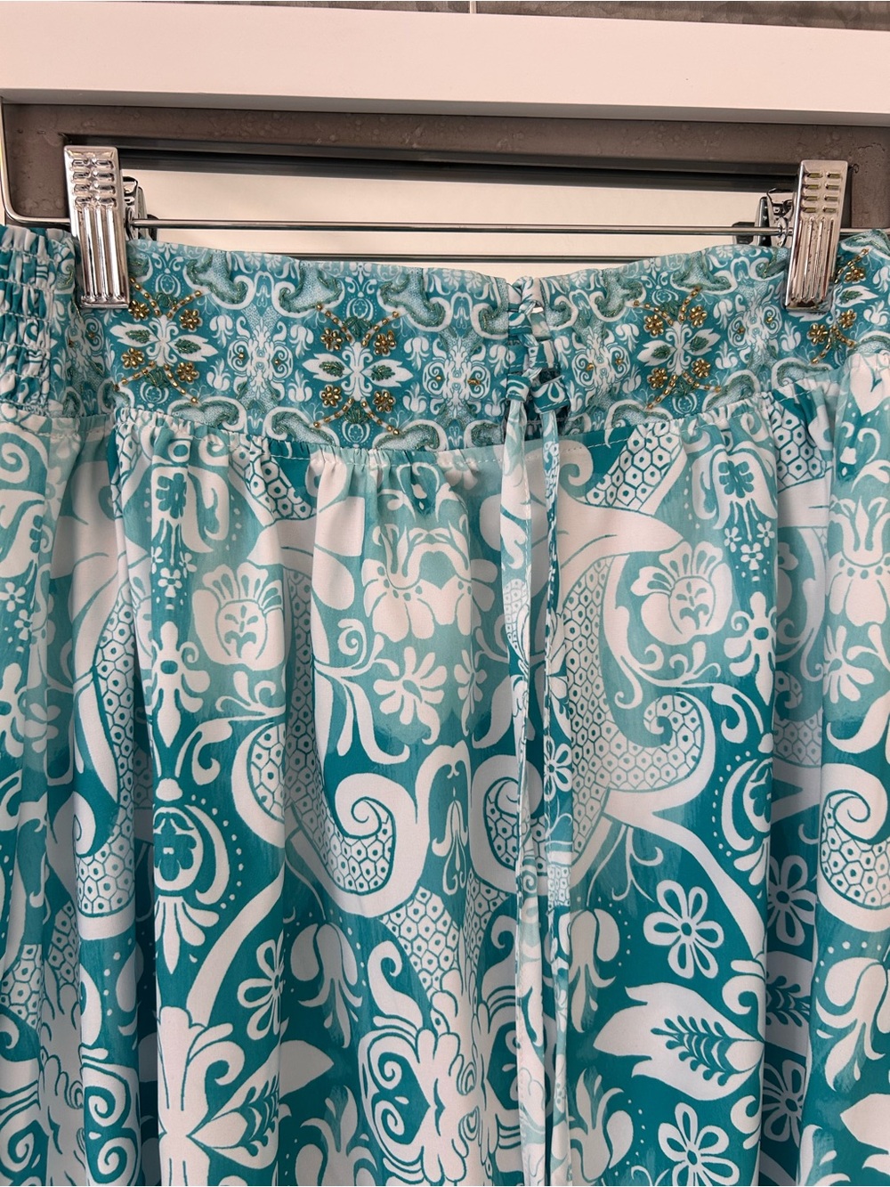 Cosita Linda Aqua Blue Teal White Damask Print Tiered Smocked Maxi Skirt
